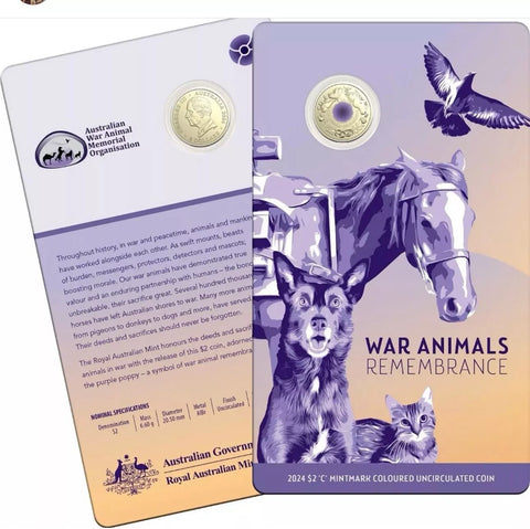 War Animals Remembrance 2024 $2 C Mintmark Coloured Uncirculated Coin - Purple poppy