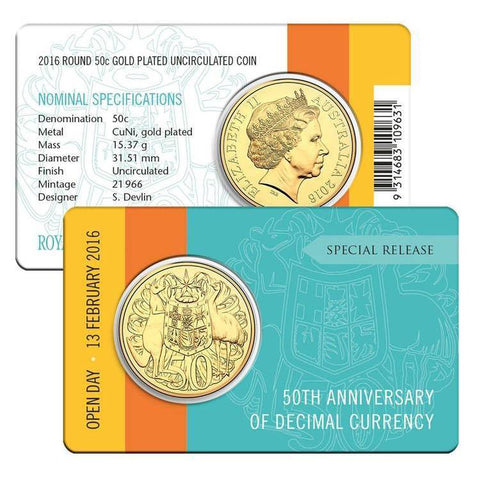 2016 Round 50c Gold Plated Uncirculated Coin